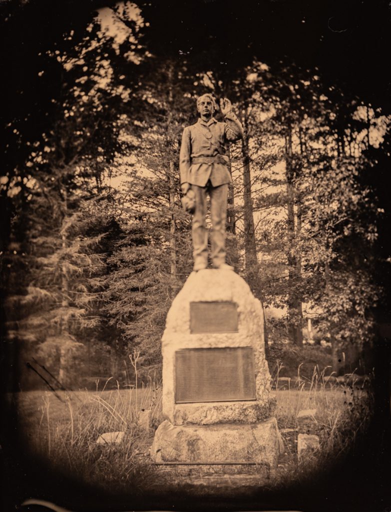 Daniel Bean's Civil War monument statue stands in Brownfield, Maine.
