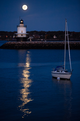 Oct. 17, 2024 Super Moon over Spring Point Light in Casco Bay. (photo by Troy R. Bennett)
